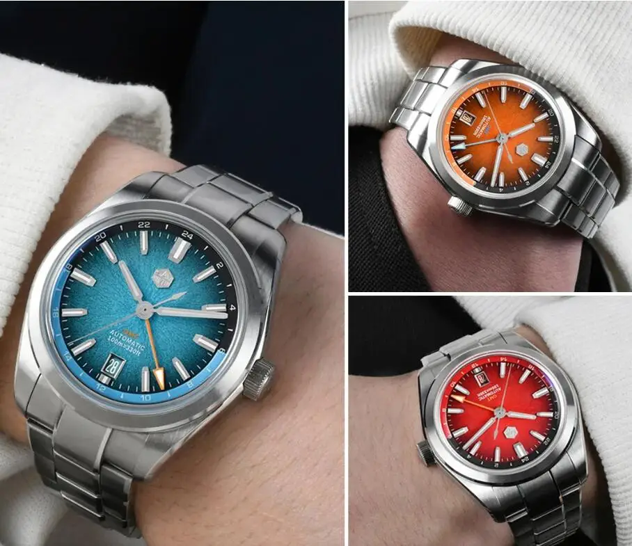 

San Martin Мужские автоматические часы GMT Механические наручные часы 10 атм Светящийся сапфир с градиентной эмалью JianZhan Gada Dial Miyota 9075