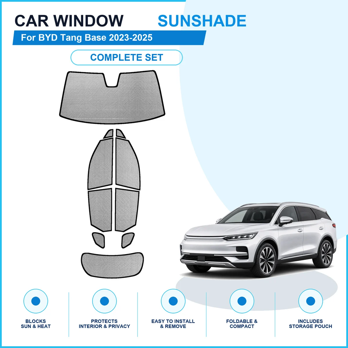 For BYD Tang Base 2023-2025 Custom Full Set Window Sunshades Aluminum Foil Suction Cup Anti UV Privacy