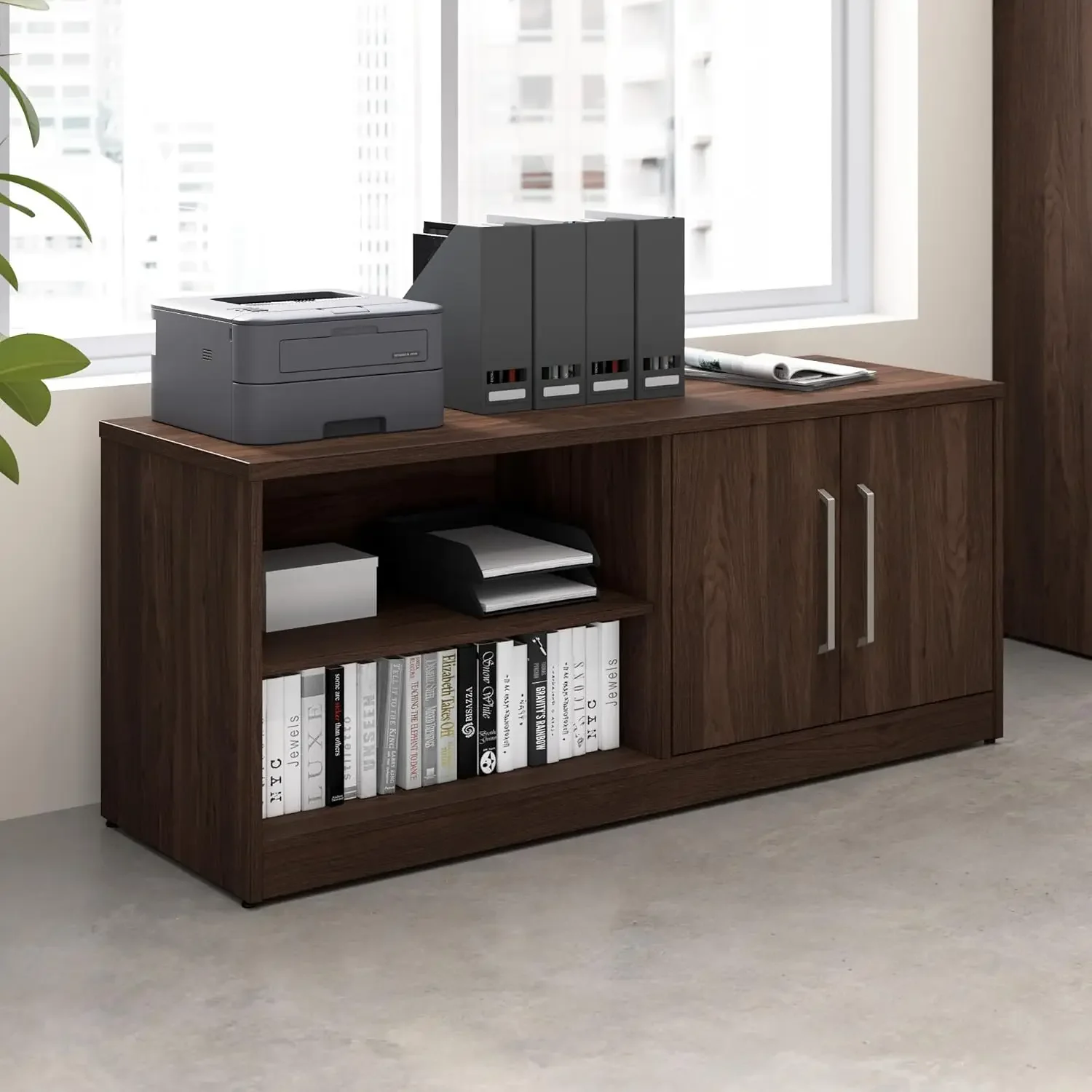 Low Storage Cabinet with Doors and Shelves, Office Storage Credenza, Commercial-Grade, Vista Collection, Modern, Dark Brown