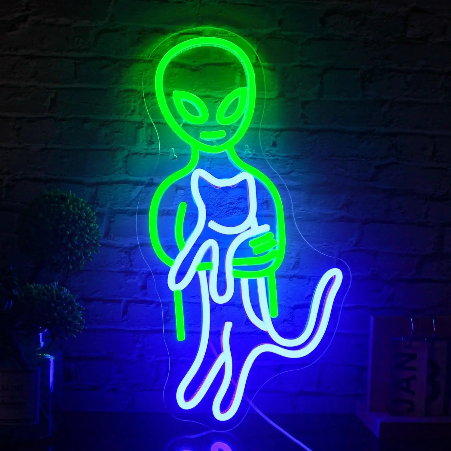 Green Alien Neon Sign Funny Cat Alien Stuff Neon Signs for Men Cave Wall Art Decor Game Room Bedroom Party Boys Girls kids Gifts