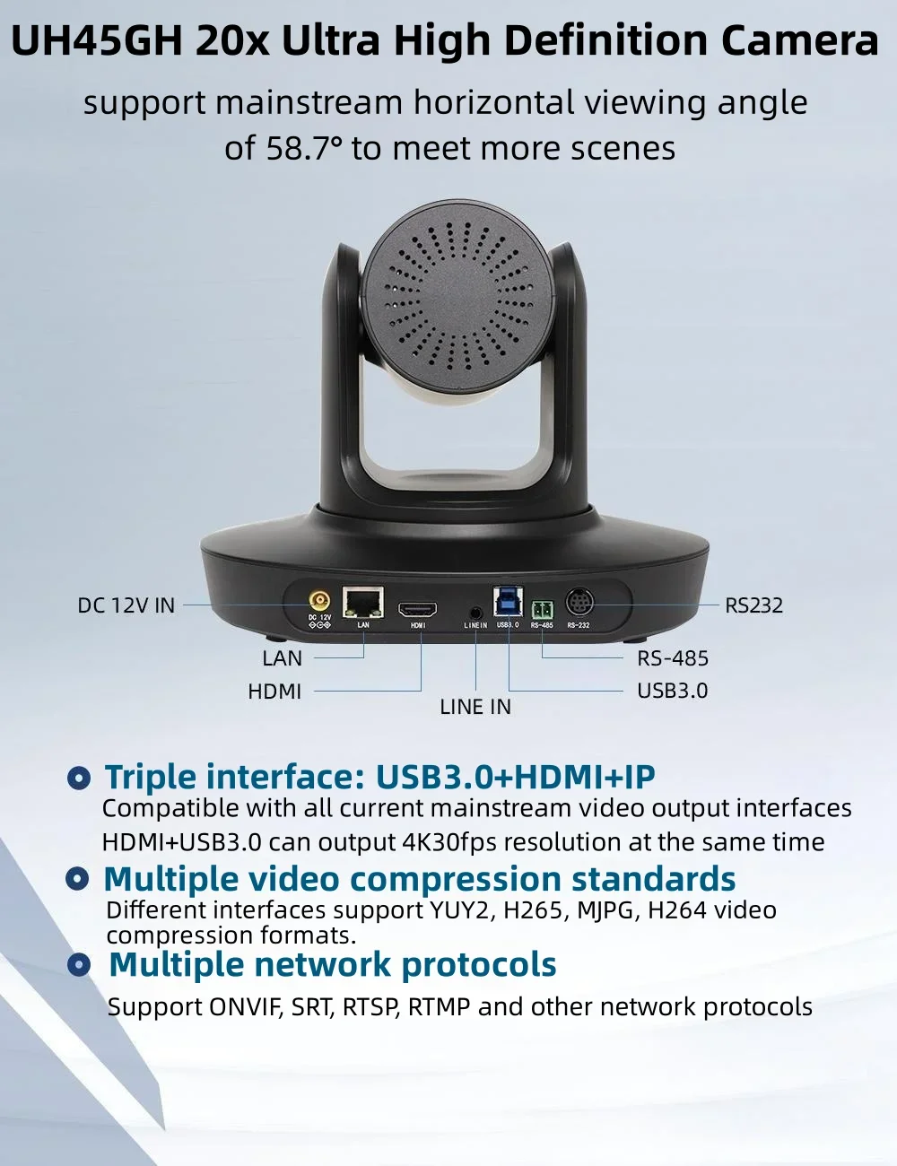 Broadcasting 4K AI Auto Tracking Video Conference Camera 8MP 20X Zoom RJ45 USB3.0 4K PTZ Conference Camera for Live Streaming