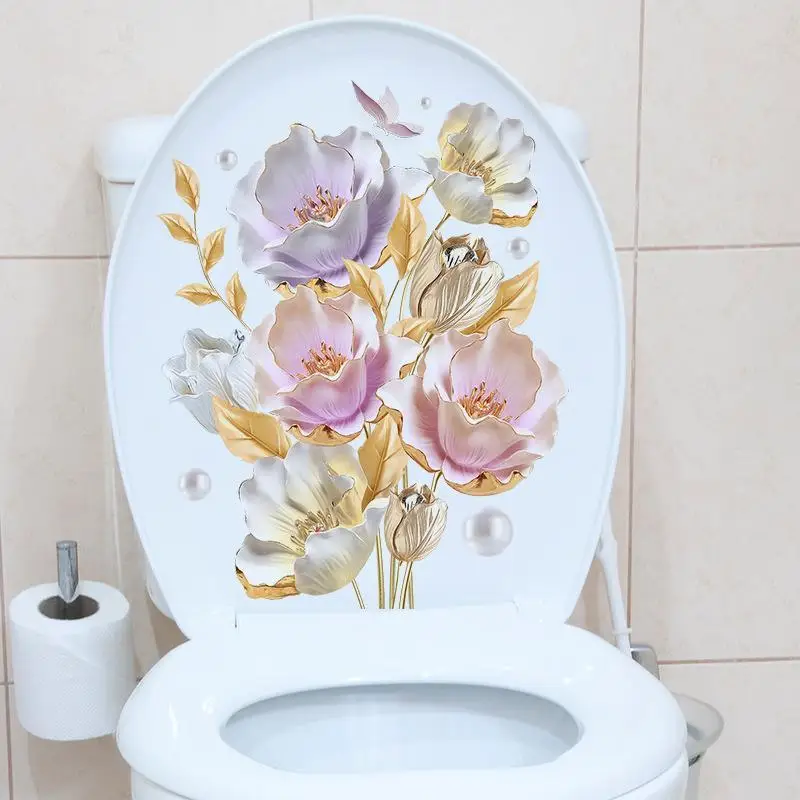 Luxury Gold Pearl Floral Toilet Sticker, Waterproof Self-Adhesive Bathroom Decor Sticker Wall Stickers Wall Sticker Wall Decor