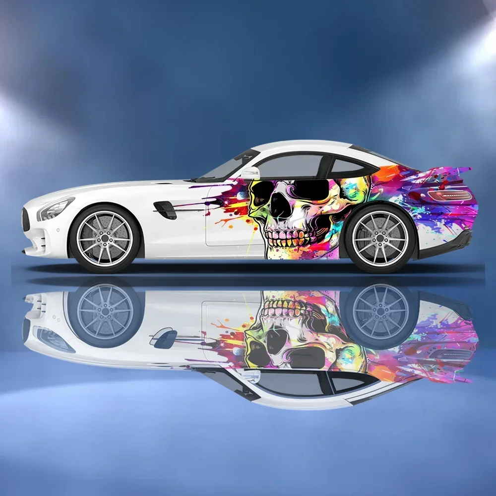 

Красочный неоновый череп с принтом в виде брызг, боковая наклейка автомобиля, защитная декоративная наклейка, водонепроницаемая самоклеящаяся наклейка, автоаксессуары, оберточная крышка