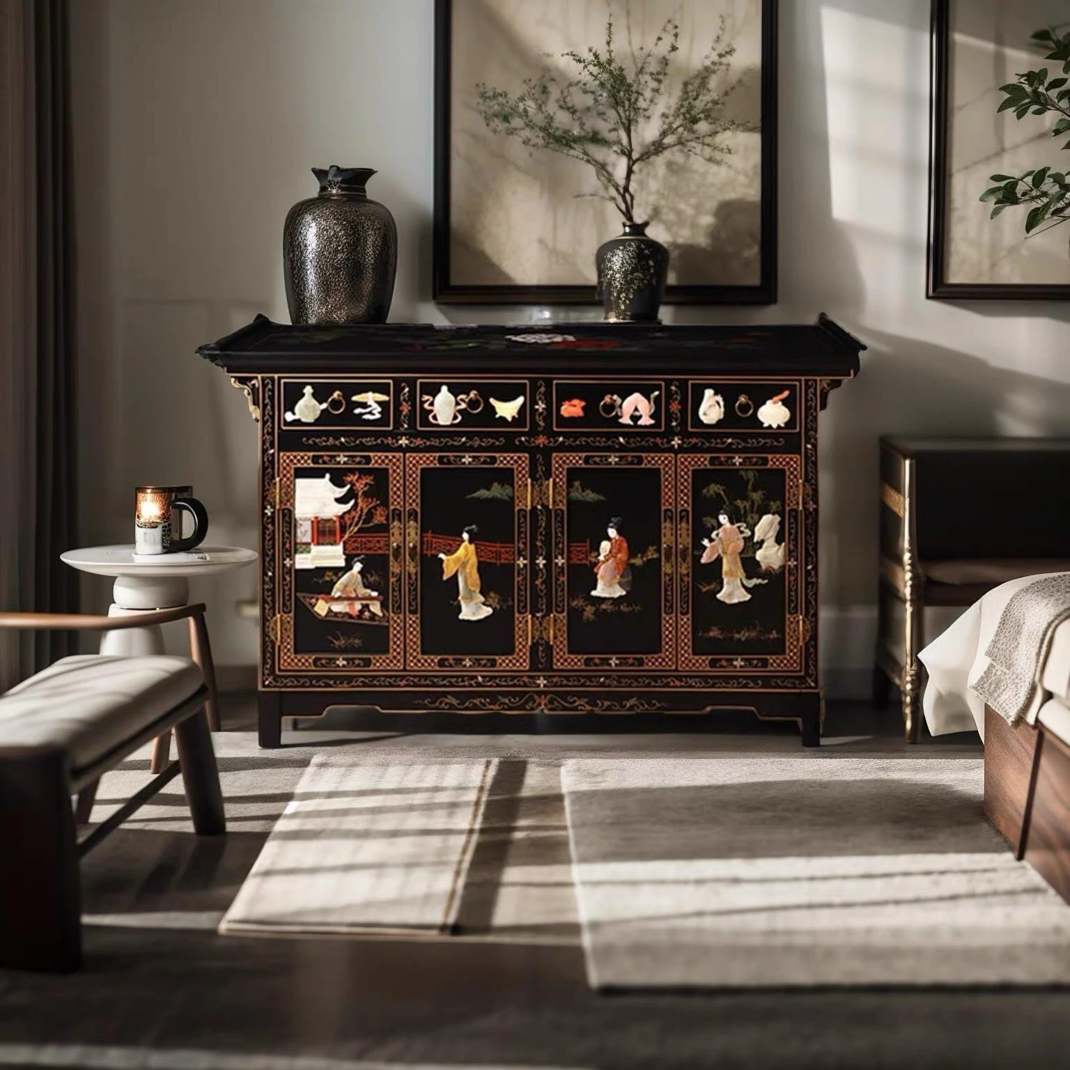 

❁w Factory's New Modern Four-Doors Four-Drawers Wine Cabinet Simple Chinese Furniture Bone Stone Living Room o