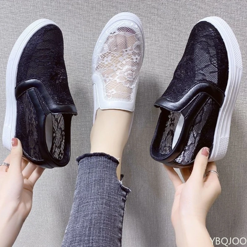 الصيف حذاء أبيض تنفس مع زيادة الارتفاع شبكة عارضة عالية الكعب باطن سميكة الكعوب المنحدرة كسول المرأة حذا فردي للسيدات #1