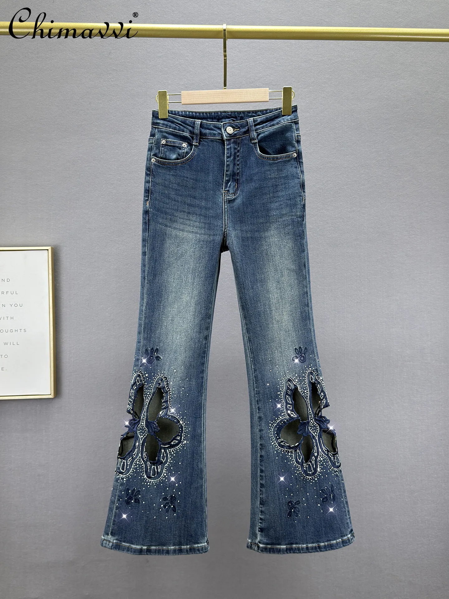 

Heavy Cut Out Hot Diamond Denim Micro Flared Pants Women's Spring Summer New High Waist Jeans Silm European Distressed Pants