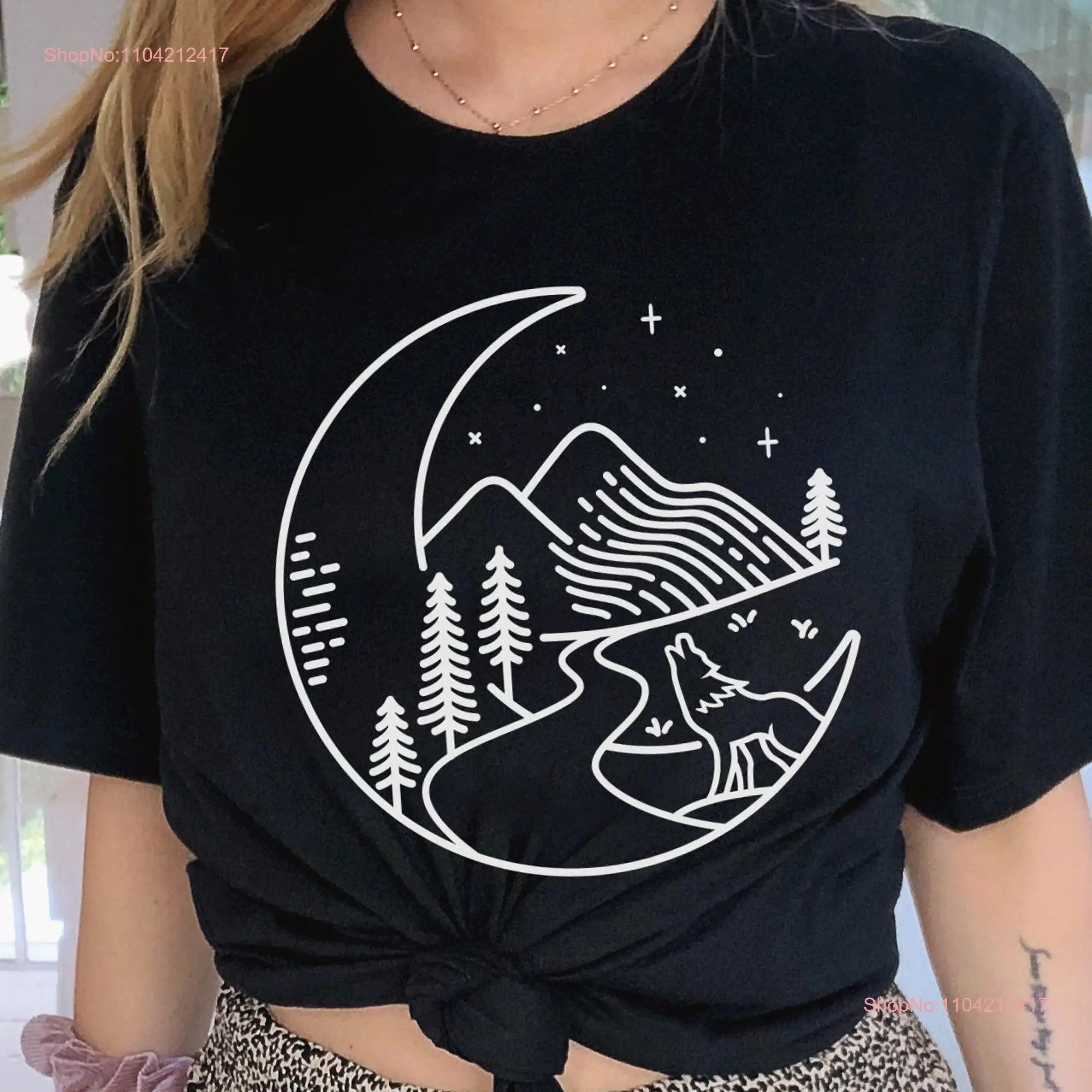 Wolf T Shirt Moon Mountain Nature s Boho Clothing Night Sky Wilderness Hiking long or short sleeves