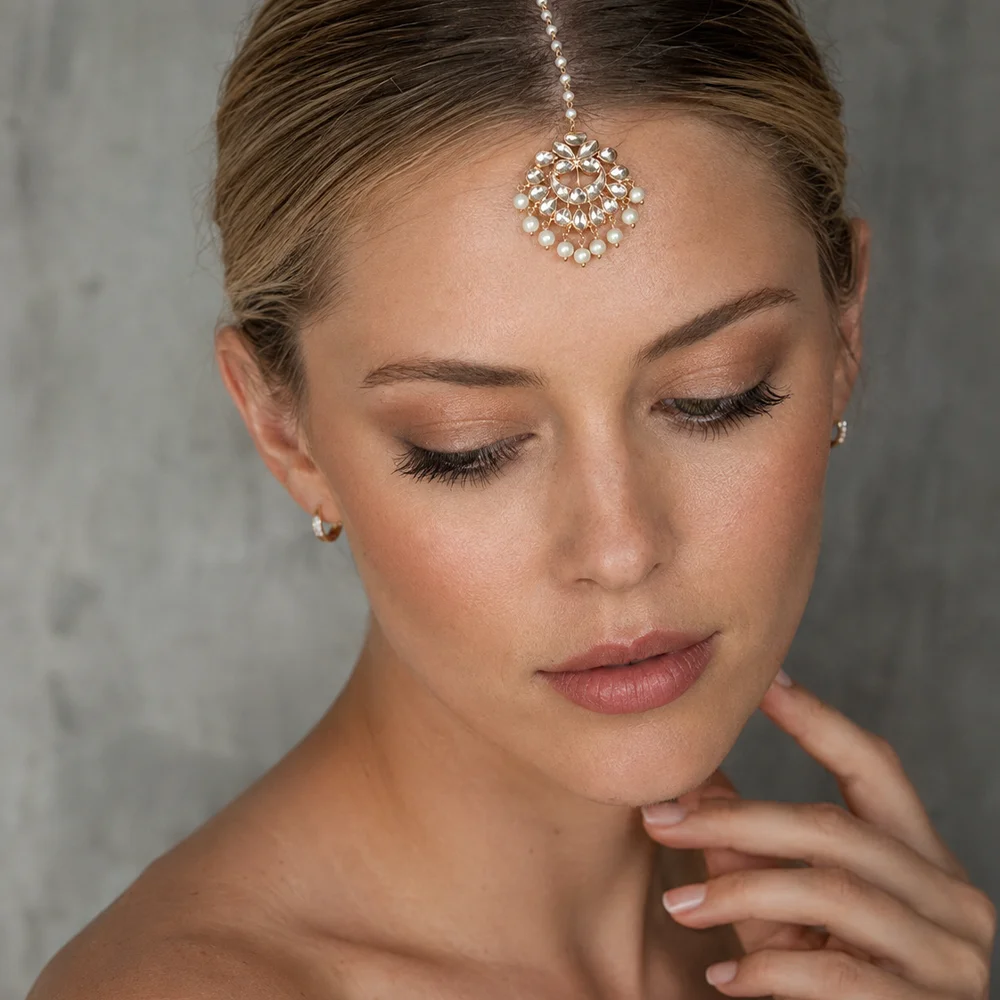 Maang Tikka Forehead Chain Pear Rhinestone Crystal Bridal Headpiece Boho Hair Jewelry forWomen Wedding Prom Party Accessories