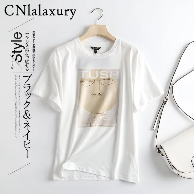 CNlalaxury Vintage Print Summer T-Shirts Women O-Neck Short Sleeve Casual Shirts Tops Cotton Streetwear Loose Vintage Harajuku