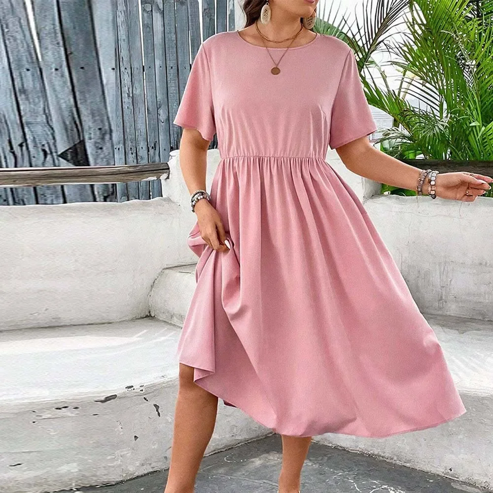 Plus Size Women's Wind Neck Short Sleeve Casual Dress Summer New Waist A-Line Midi Skirt