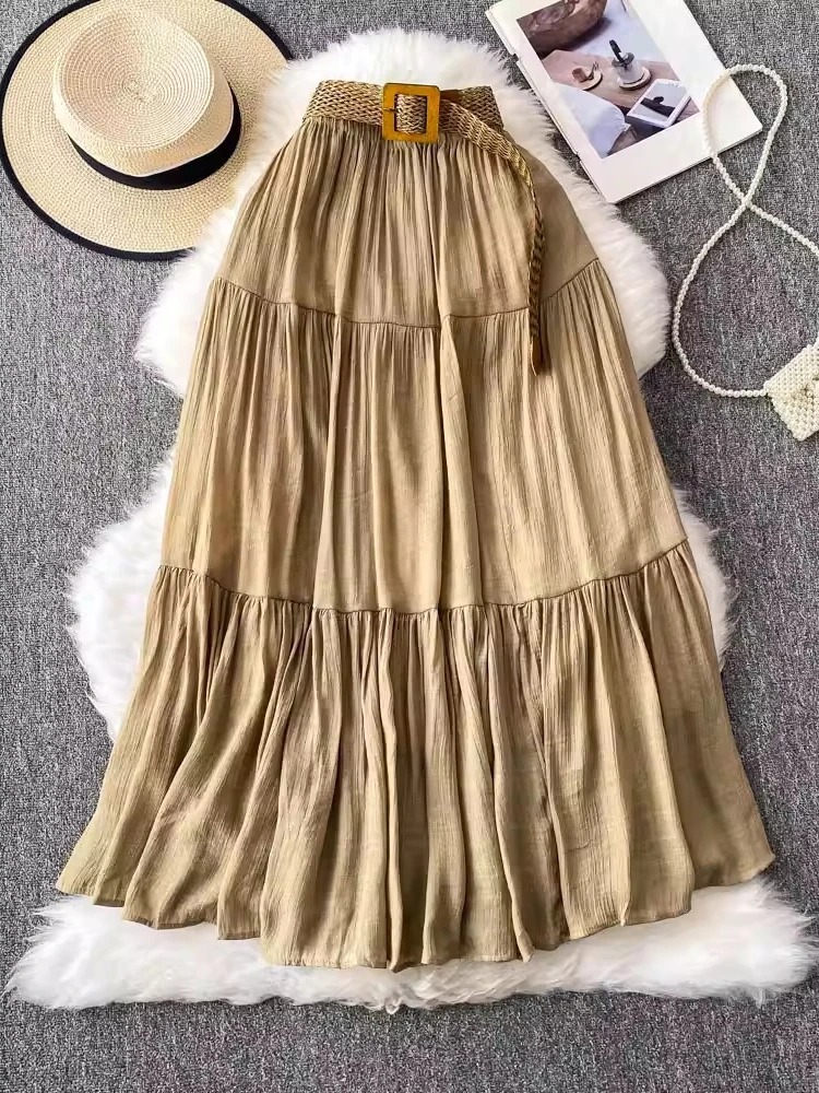 REALEFT Bohemia Plisowane Spódnice Damskie 2026 Nowe Eleganckie Spódnice Maxi w Jednolitym Kolorze z Wysokim Stanem, Patchworkowe, w Kształcie Litery A, Długość do Kostek