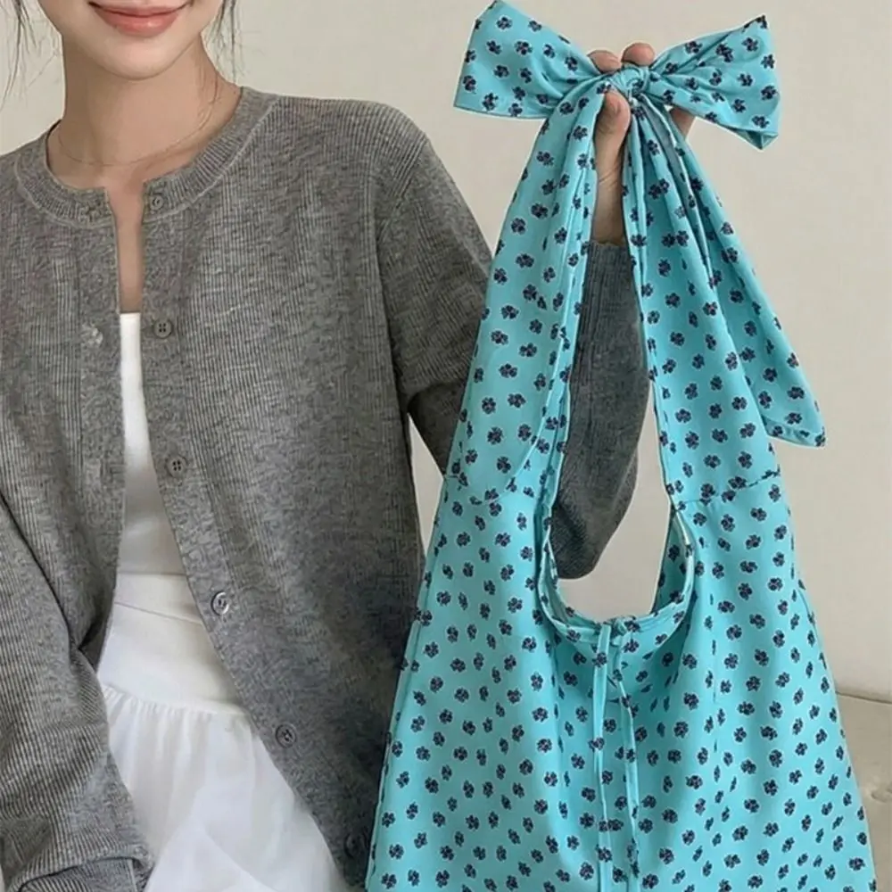Cute Korean Style Tie Bow Shoulder Bag Prined Large Capacity Floral Pattern Canvas Bag Lightweight Handbags Travel