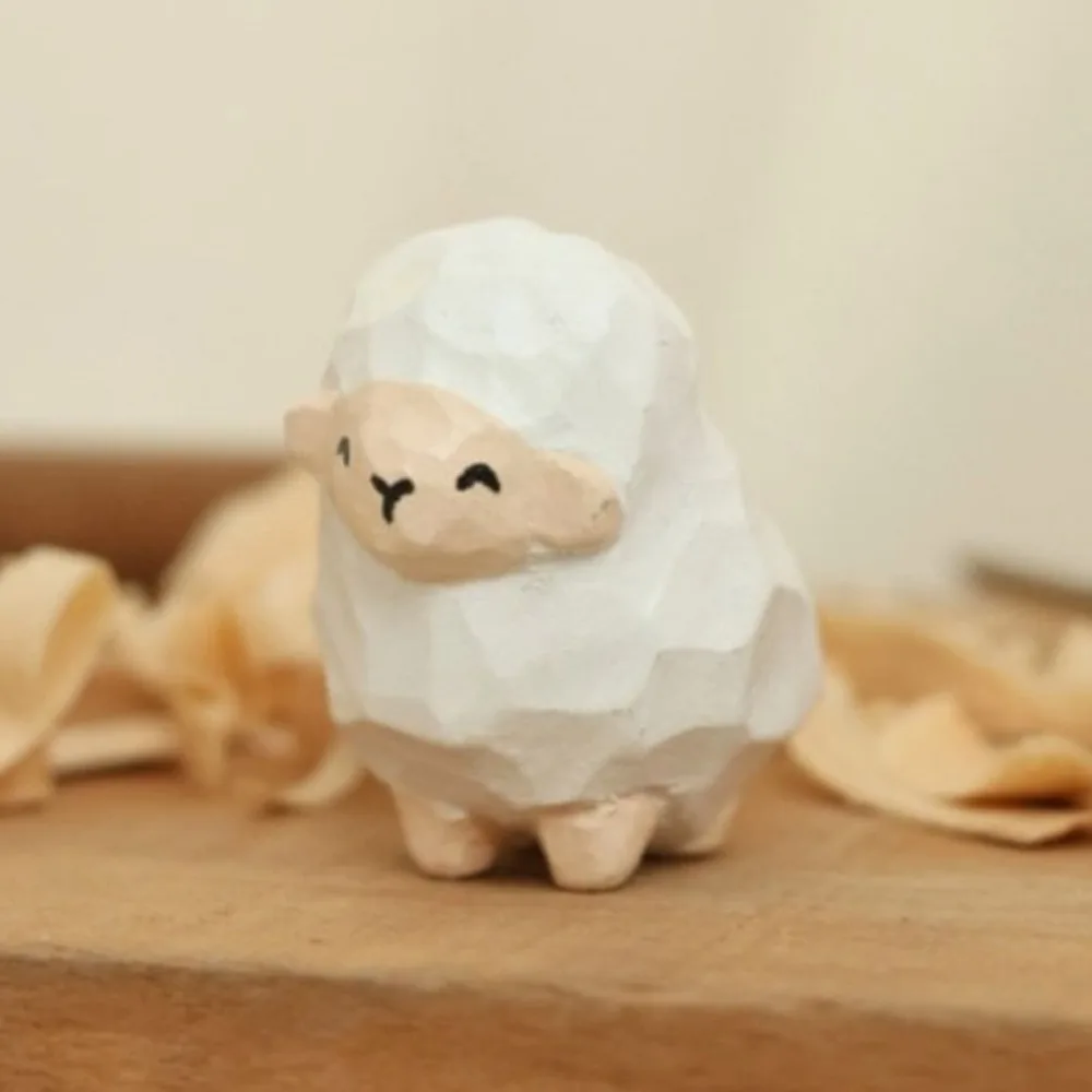 

Cartoon Characters Wooden Carving Cat Ornament Sheep Crafts Animals Ornament Cute Handmade Small Rabbit Model Desk Decor
