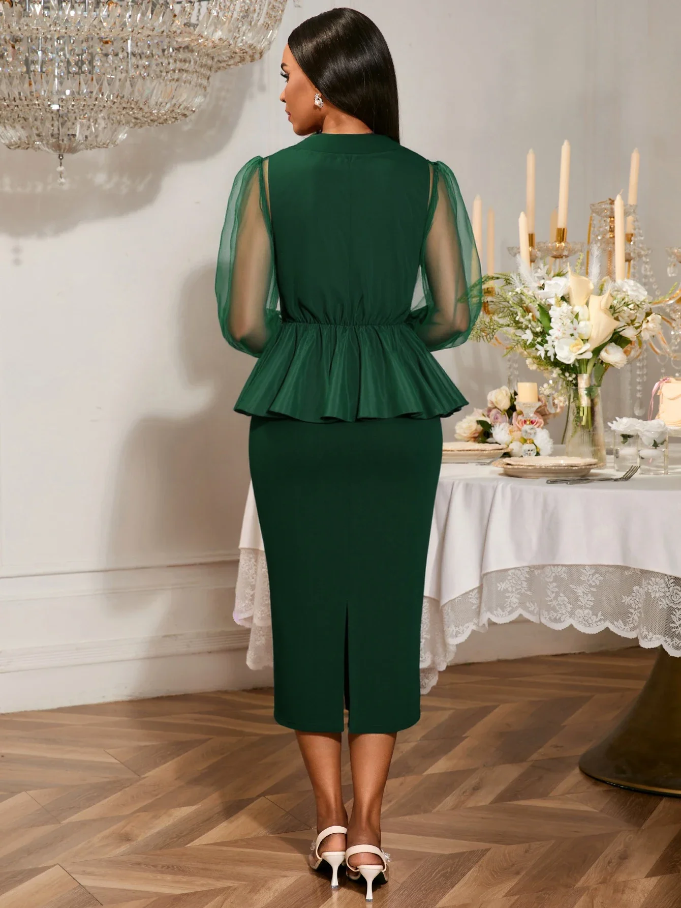 Setelan Wanita Dua Potong Kerah Kotak Lengan Panjang Model Lentera Berbahan Mesh dengan Tali Ikat dan Pita di Pinggul untuk Acara Kantor, Pesta Koktail, dan Pakaian Wanita