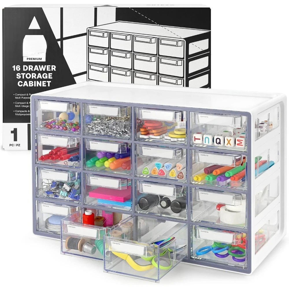 

16 Drawer Storage Cabinet, 17.7 x 8.2 x 10.9 inches, White, Plastic Drawers with Stoppers, Multi Compartment Organizer for