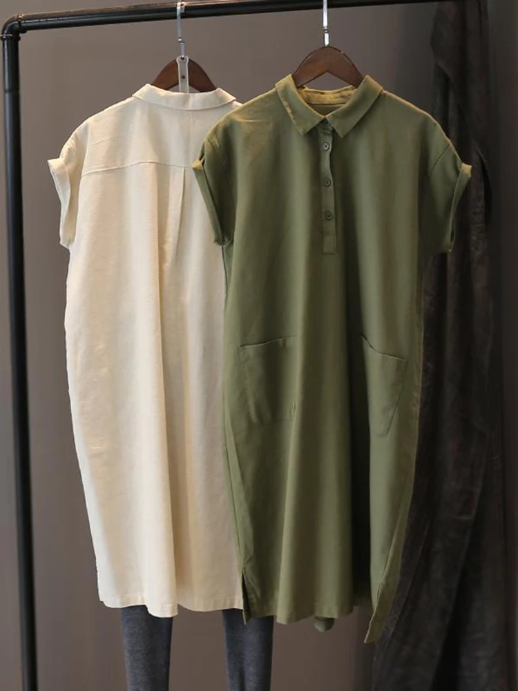 Women`s Cotton Linen Shirts Blouse Y2k Retro Long Shirts Casual Loose Pullovers French Style Oversized Short Sleeve Skirts Tops