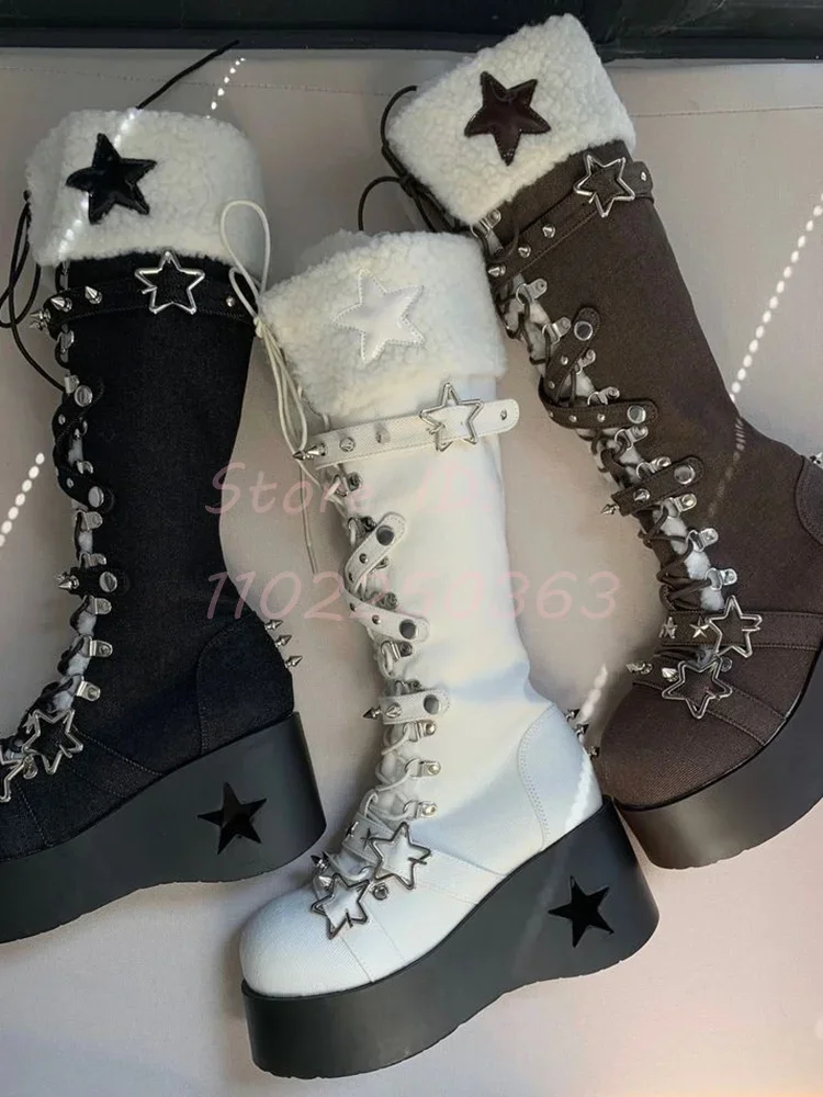 Star Lace-up Platform Knee-high Boots Round Toe Rivet Decor Cross Straps Boots  y2k 2024 New Women Fashion Shoes Cyberpunk Style