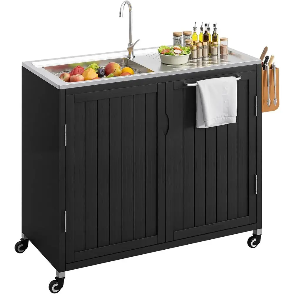 

Portable Outdoor Kitchen Island with Sink - Solid Wood and Stainless Steel Top, Movable Cabinet with Wheels, Outdoor Cooking Sin