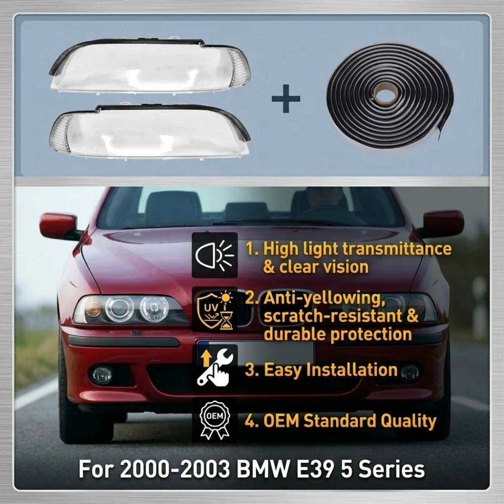 Linke und rechte vordere Scheinwerferlinsenabdeckungen für 2000–2003 BMW E39 5er-Serie, transparente Scheinwerferabdeckung mit Dichtmittel * 4M