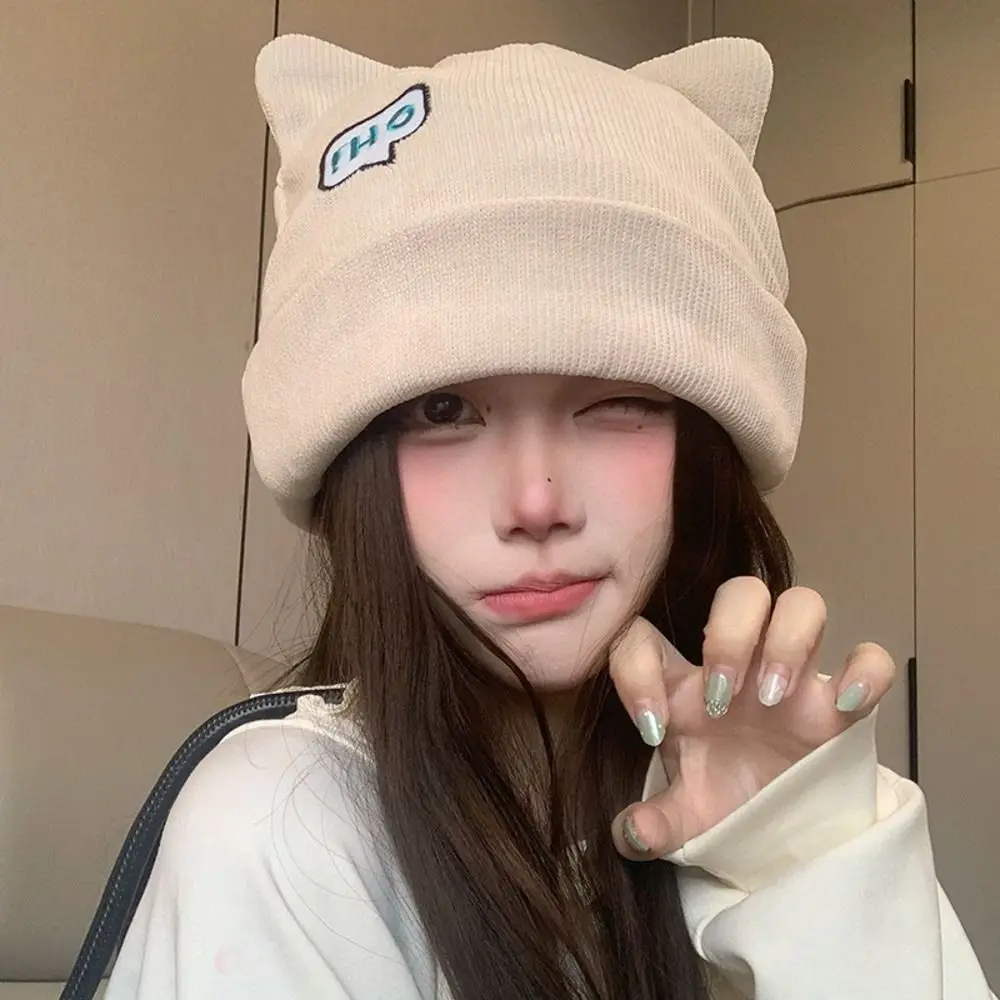 Polyester Cat Ear Beanie Hat Large Head Circumference 56-58CM Slouchy Knitted Hat Windproof Face Slimming Style