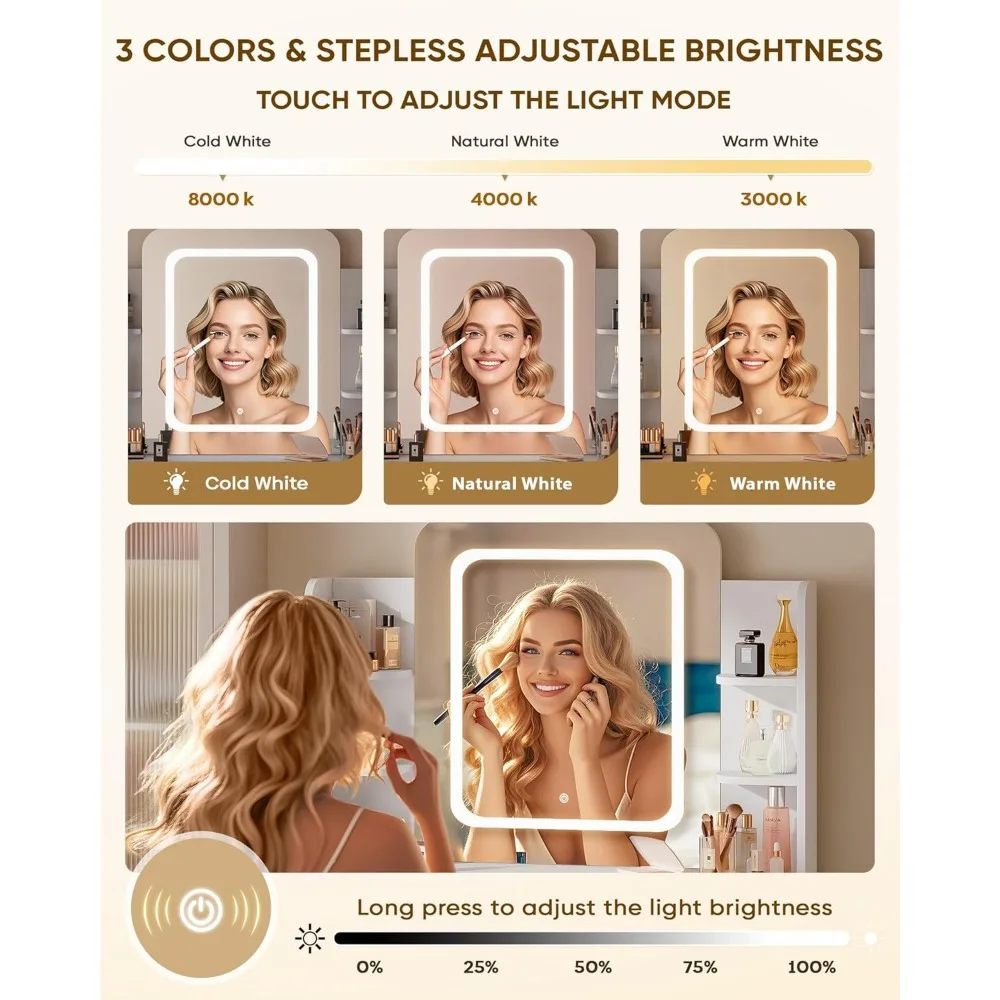 "مكتب زينة للمكياج بإضاءة LED مع مخرج طاقة، طاولة زينة مدمجة ذات درجين و5 أرفف، طاولة زينة"