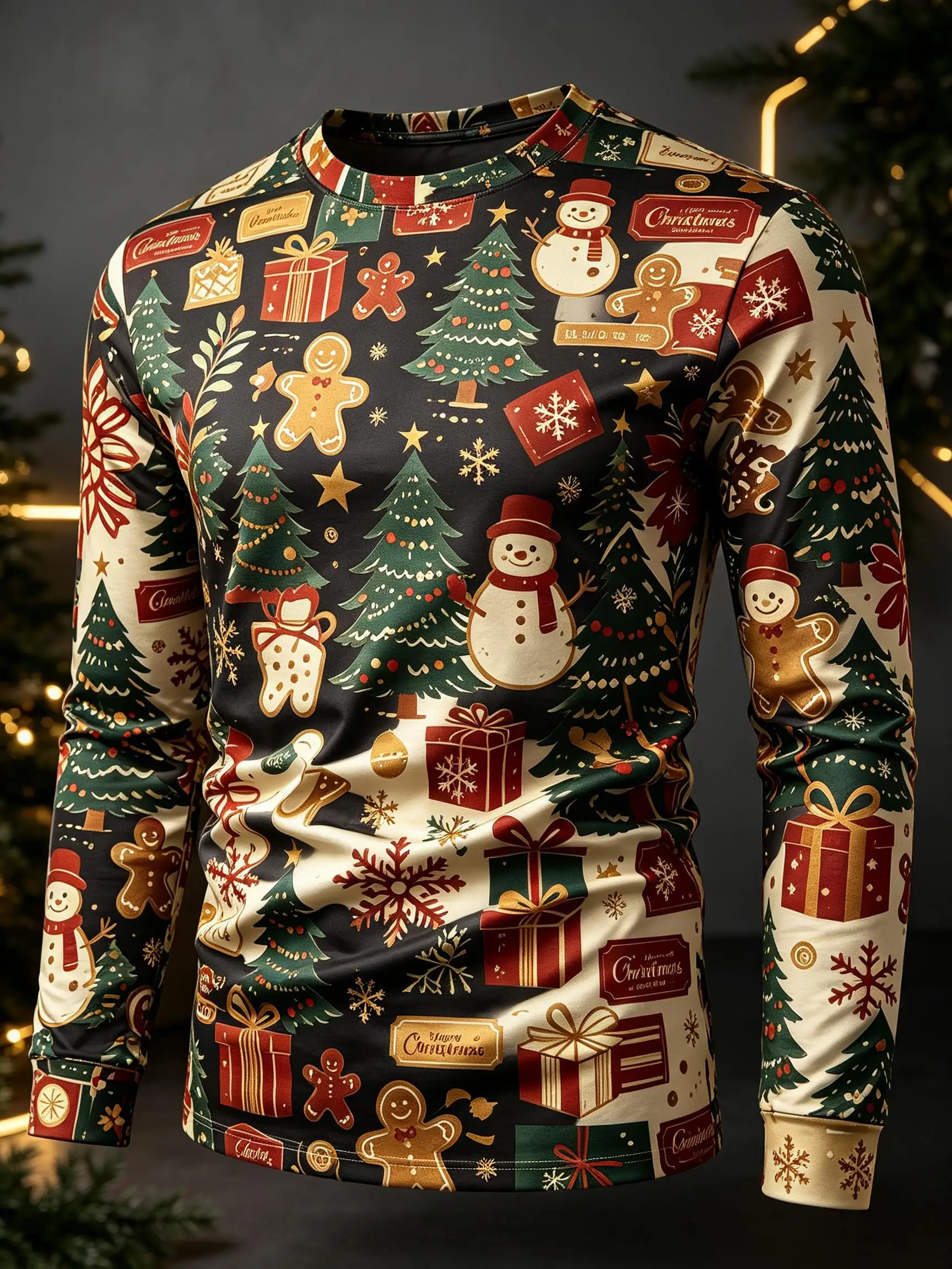 Men Crew Neck Long Sleeve T-shirt, Black Christmas Tree Snowman Gingerbread Man Gift Box Snowflake Print Casual Top