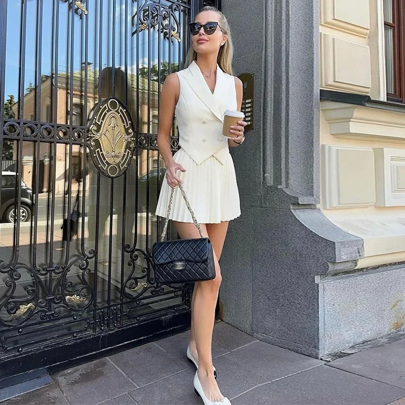 Women Elegant Two Piece Suit Sleeveless Vest High Waist Pleated Mini Skirt Set Formal Office Outfit Lady Party Matching Set