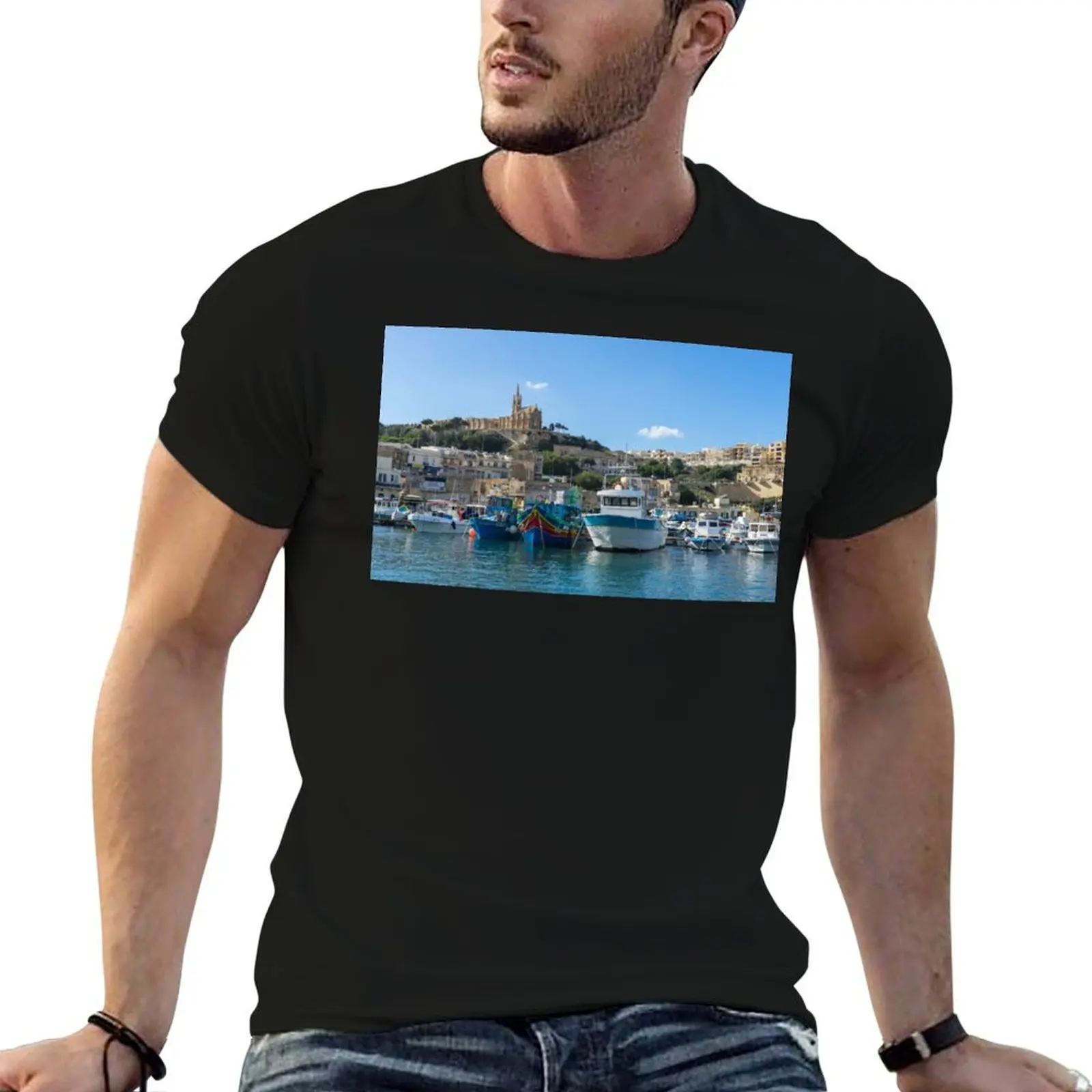 Cheerful Maltese - Traditional Fishing Boats at Gozos Mgarr Harbour T-Shirt Plus Size Quick Dry Sports Tee