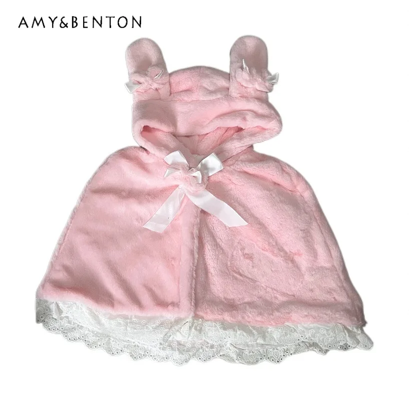 

Оригинальная плюшевая накидка в японском стиле Лолиты с кроличьими ушками, шаль для женщин, милое утепленное теплое короткое пальто с бантом, осень-зима