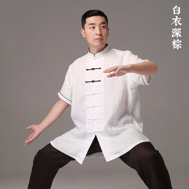 Linen Short Sleeve Tai Chi Uniform for Women Men Spring Summer Martial Arts Performance Competition Color Block Wear