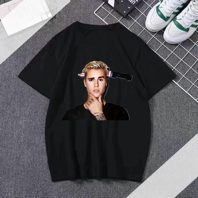 Harajuku Justin Bieber Printed Summer Casual Pop Short Sleeved Tees for Men 2024  Hip Hop Rapper Singer T Shirt streetwear