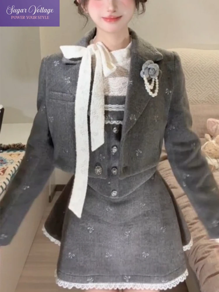 French Luxury Elegant 2 Piece Set Women Slim Fit Short Coat + Lace Long Sleeve Dress Chic Fashion Vintage Party Evening Outfit