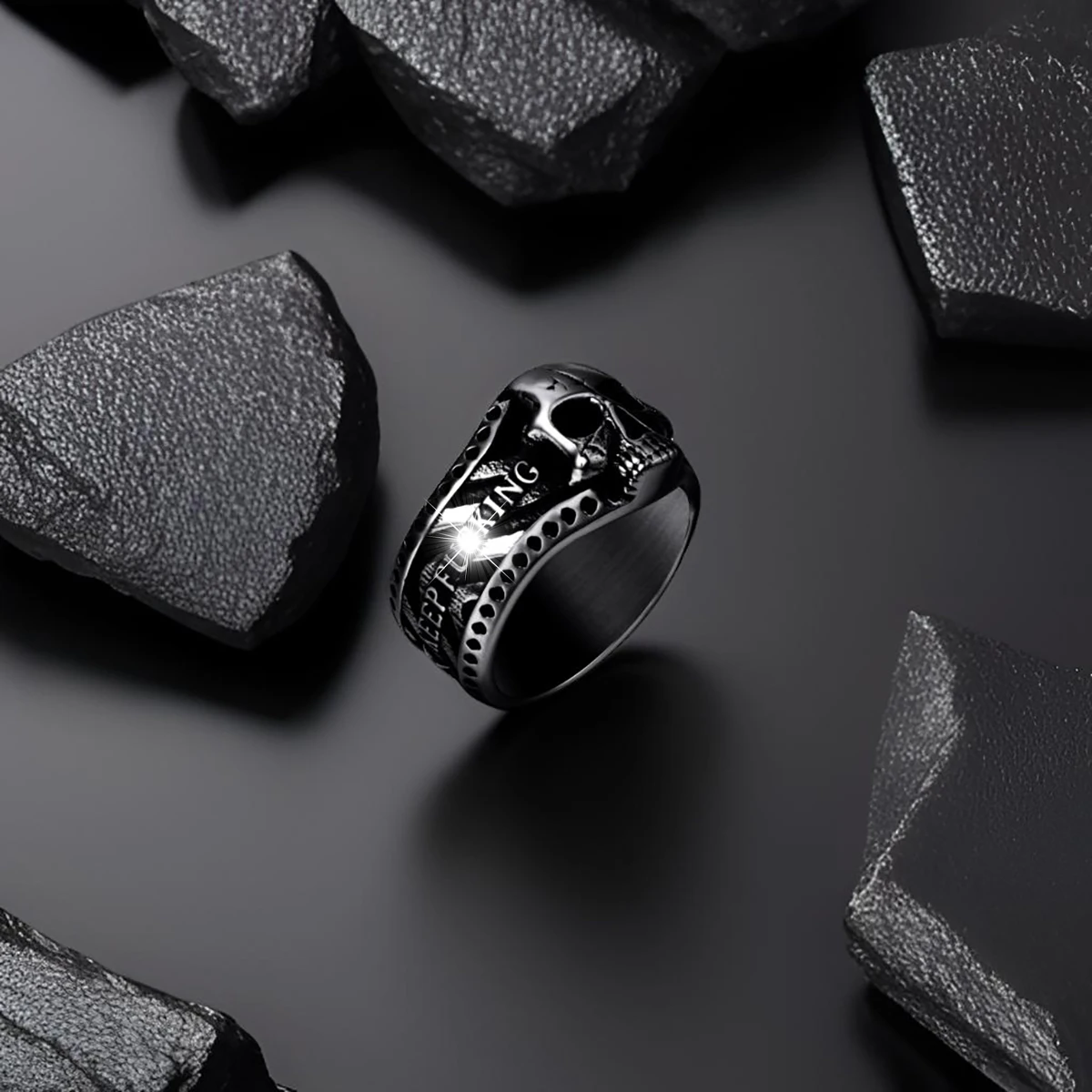 Vintage Gothic Skull Rings for Men Keep Going Stainless Steel Band Silver Color Skeleton Cocktail Party Biker Jewelry Size 8-13