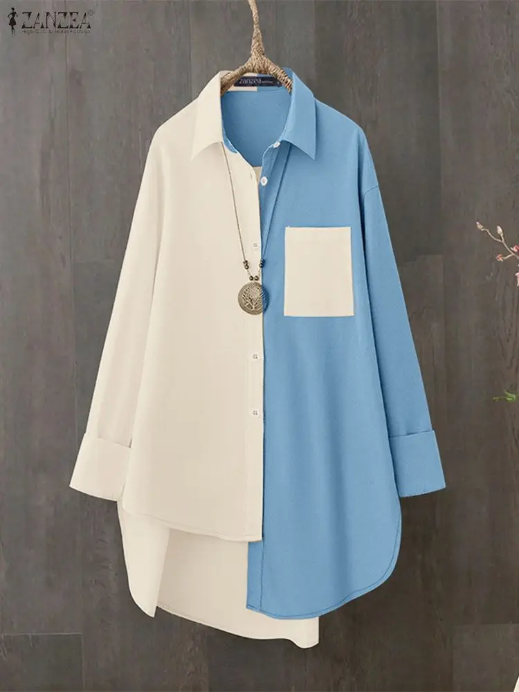 

ZANZEA женские рубашки контрастного цвета с высоким и низким вырезом, осень 2023, длинная рубашка с отложным воротником и длинными рукавами на пуговицах, уличная одежда, S-3XL