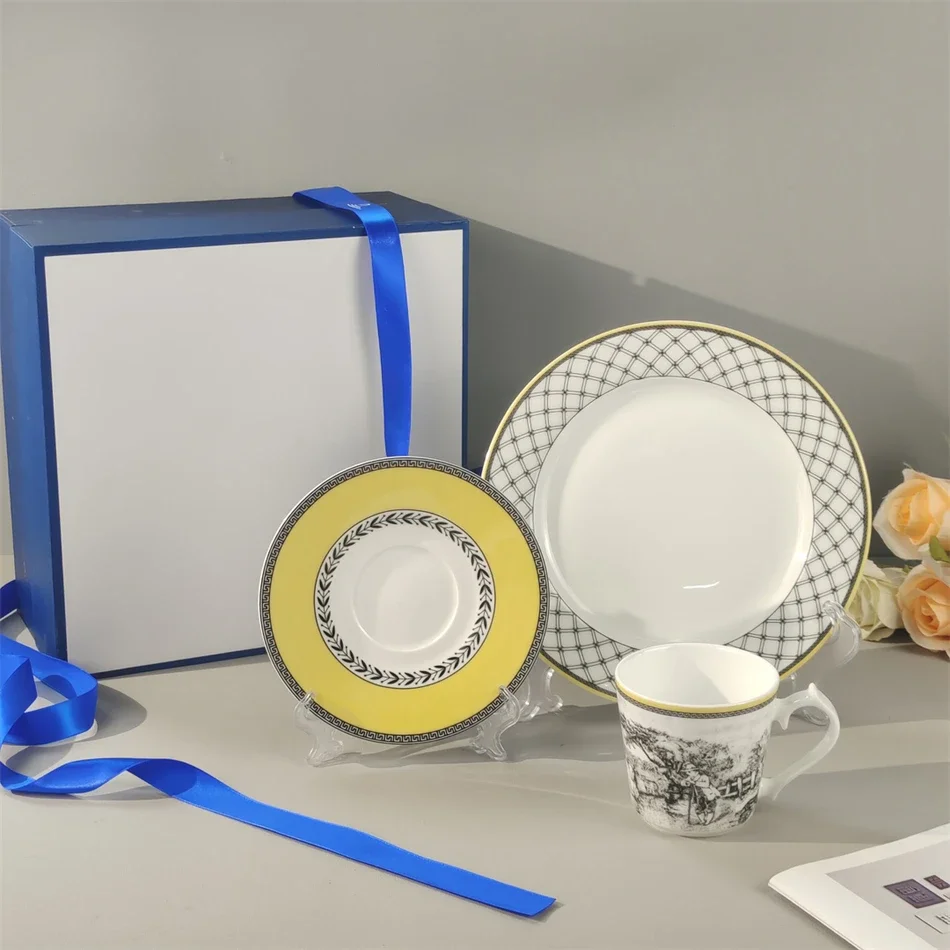 European Manor High-end Bone china Coffee Cup and Saucer Dim sum Plate set Home Ceramic Breakfast Three Piece Set