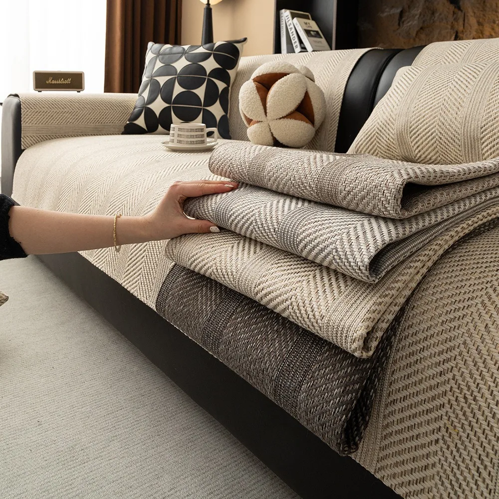 

Contrast Hem Twill Chenille Sofa Cover for All Seasons Living Room Non-slip Sofa Seat Cover Couch Slipcover, Sofa Towel