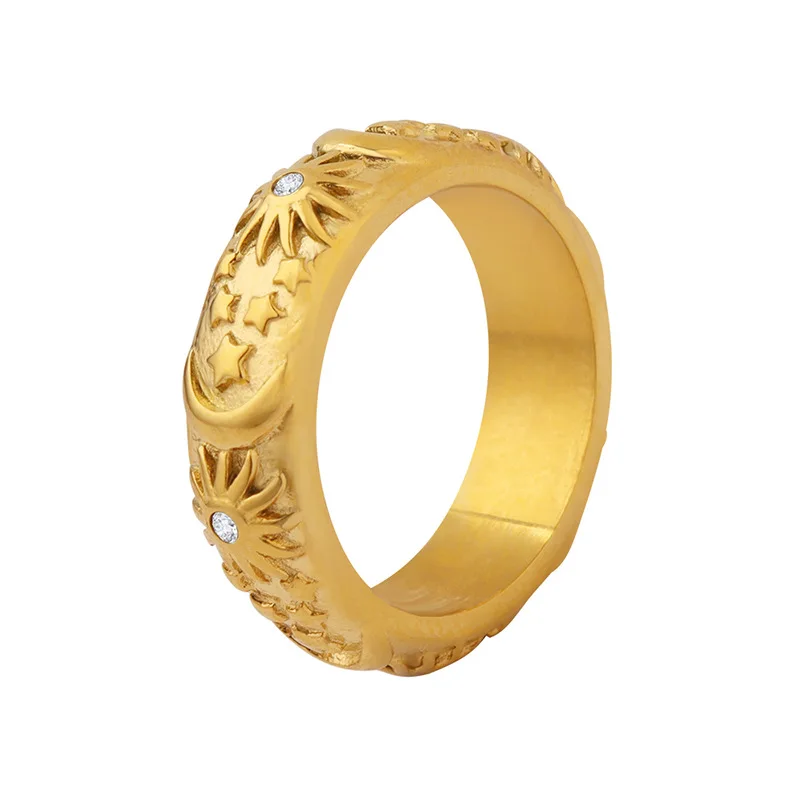 Ethnic Style 316L Stainless Steel Rings For Women 18k Gold Plated Waterproof Fadeless Relief Pattern Women\'s Ring Woman Jewelry