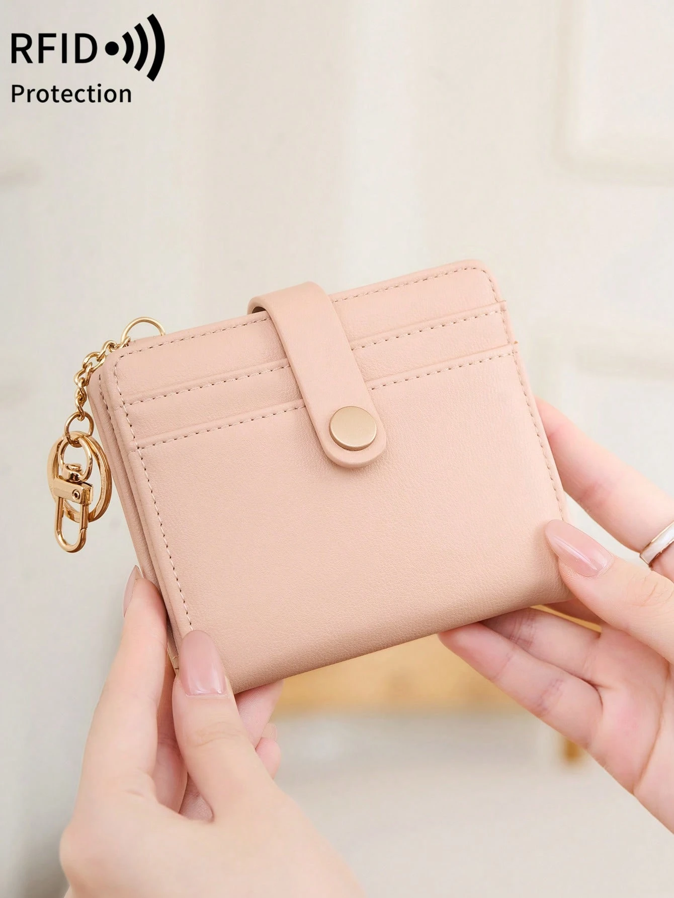

Ultra-thin women's wallet RFIDshielded bi-fold credit card/ID card holder minimalist short zipper coin purse with keychain-Pink