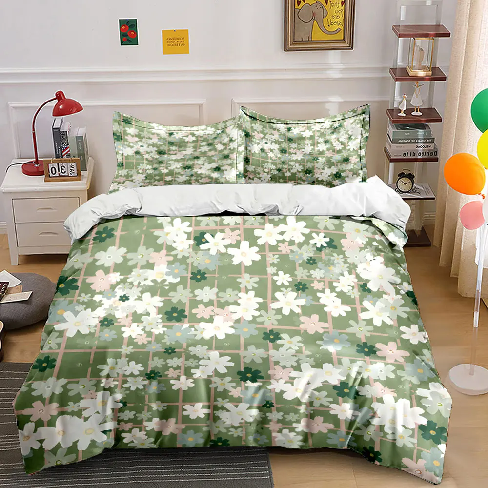 Flowers with green grid backdrop Bedding Set for Kids Luxury Gift 3pcs Digital Print Comforter Set Soft Comfortable Breathable