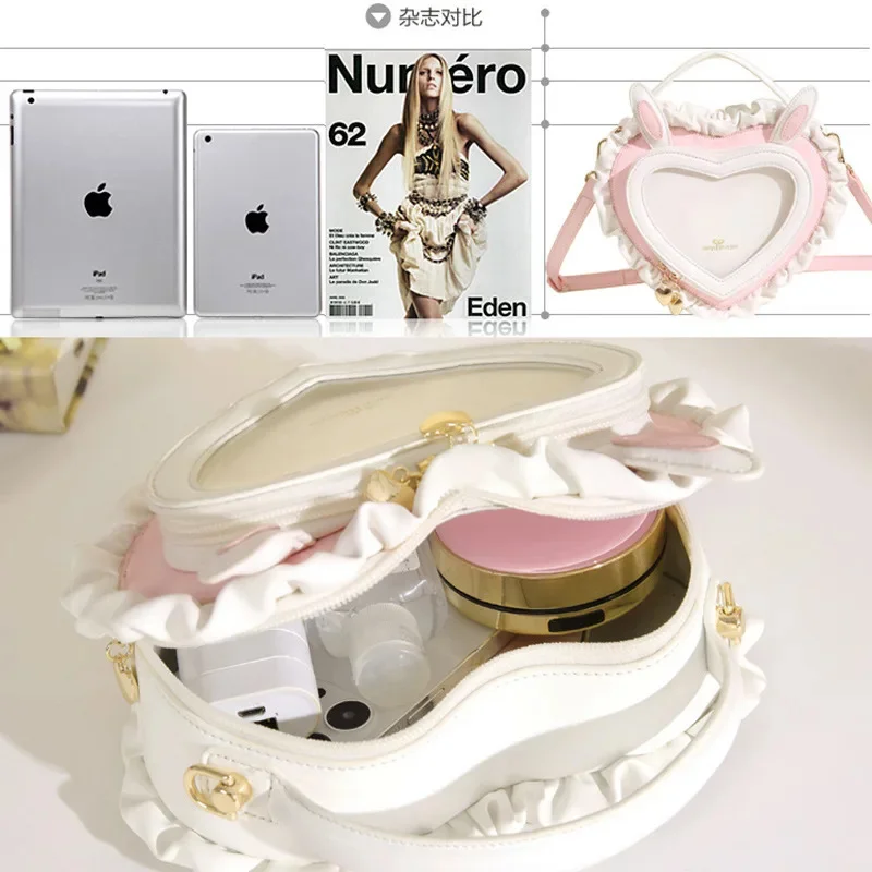 Rabbit Ear Y2K Peach Heart Transparent Itabag Paddle Itabag Shoulder Women's Handbag Sweet Cute Lace Crossbody Shoulder Bag New