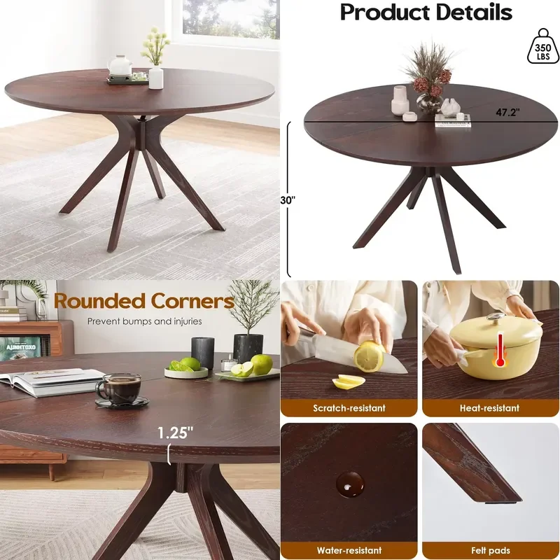 Round Natural Wood Dining Table for Living Room, Café, Easy Assembly, Modern Small Table for 2-4 People