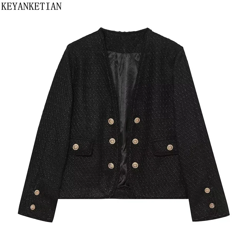 

KEYANKETIAN 2024 New Launch Women's Tweed Texture Short Suit Fashion Elegant Double Breasted Decoration Loose Crop Outerwear Top