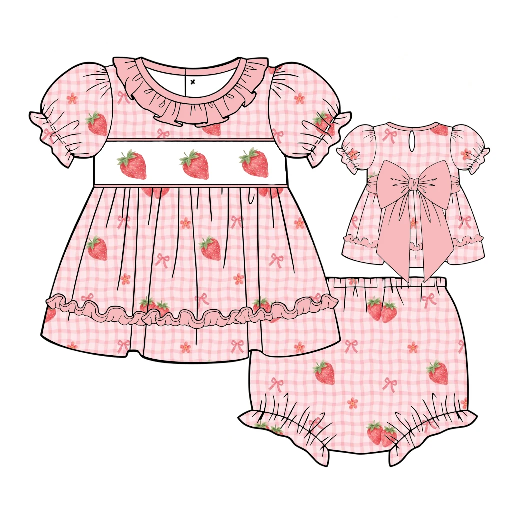 Boutique kids set Ruffled neckline puff sleeves dress with shorts set Buttons on back bow flower strawberry Print wholesale