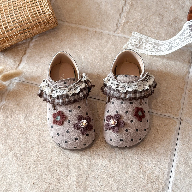 JGSHOWKITO Girls Polka Dot Mary Jane Shoes Spring Autumn Princess Children Leather Shoes with Ruffled Edge Kids Dress Flat Shoes