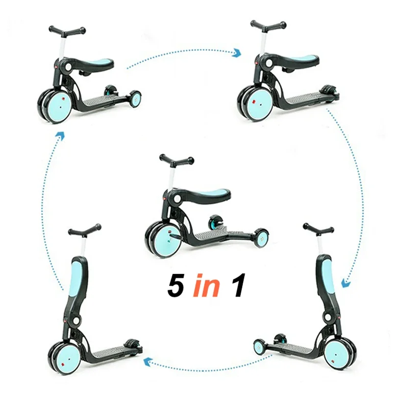 Foldable 5 in 1 Kick Scooters 3 Wheel Toys Bike Foot Scooter