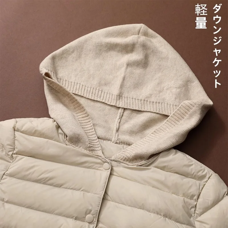 Autumn Winter Long Knitted Patchwork Hooded Down Jacket Women Ultra Light Thin White Duck Down Coat Ladies Warm Puffer Parkas