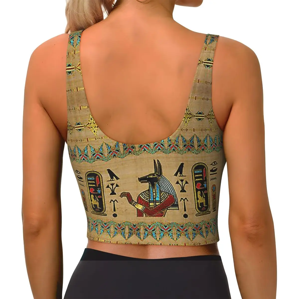 맞춤형 이집트 아누비스 장식이 있는 파피루스 여성 스포츠 브라 하이 임팩트 베스트 짐 운동 요가 크롭 탱크탑