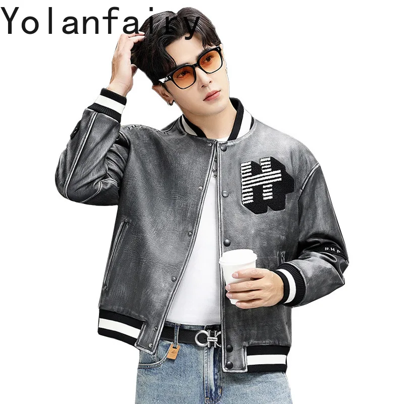 YOLANFAIRY Real Cowhide Mens Genuine Leather Jacket Men Varsity Jacket  Autumn Clothes Vintage Leather Jacket куртка зимняя 2024