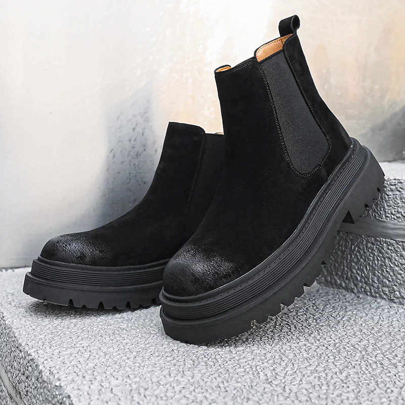 large size men casual party nightclub high chelsea boots slip-on cow suede leather shoes cowboy platform boot autumn winter bota