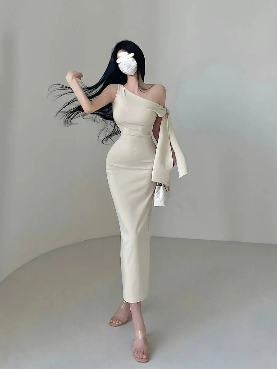 

Asymmetrical Sloping Shoulder Ribbon Sexy Off Shoulder Dress Elegant Long Dress Fashion Sexy Women Tops 2024 New 1ZK8